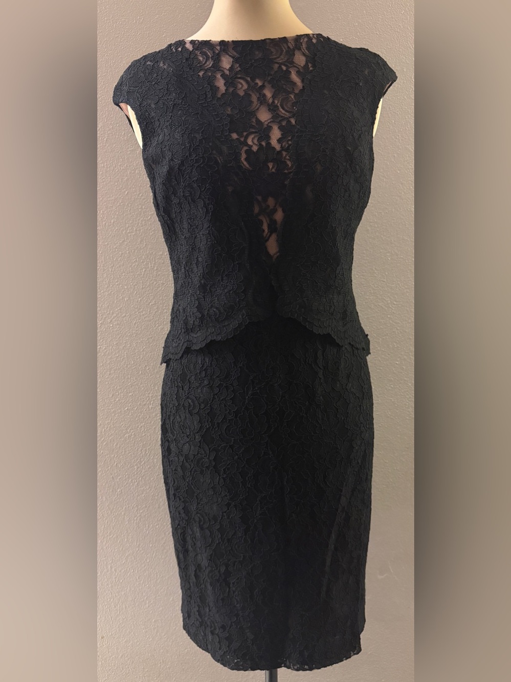 Lauren Ralph Lauren Black Lace Cap Sleeve Pink Sheath Formal Dress Size 12